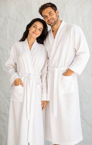 Вафельний парний халат унісекс білий 100% бавовна S/M&ndash;2XL/3XL Код: 1120 L/XL фото