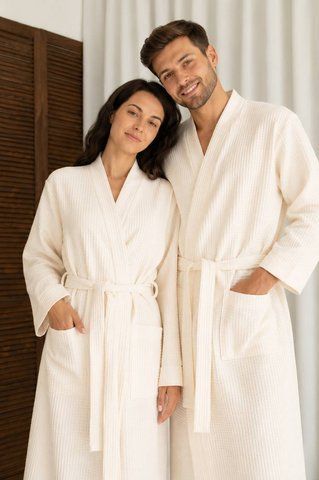 Вафельний парний халат унісекс молочний 100% бавовна S/M&ndash;2XL/3XL Код: 1123__S/M фото