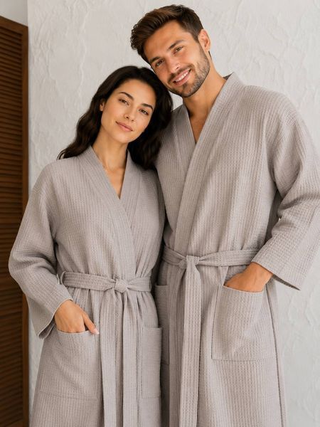 Вафельний парний халат унісекс сірий 100% бавовна S/M&ndash;2XL/3XL 1122 __2XL/3xl фото